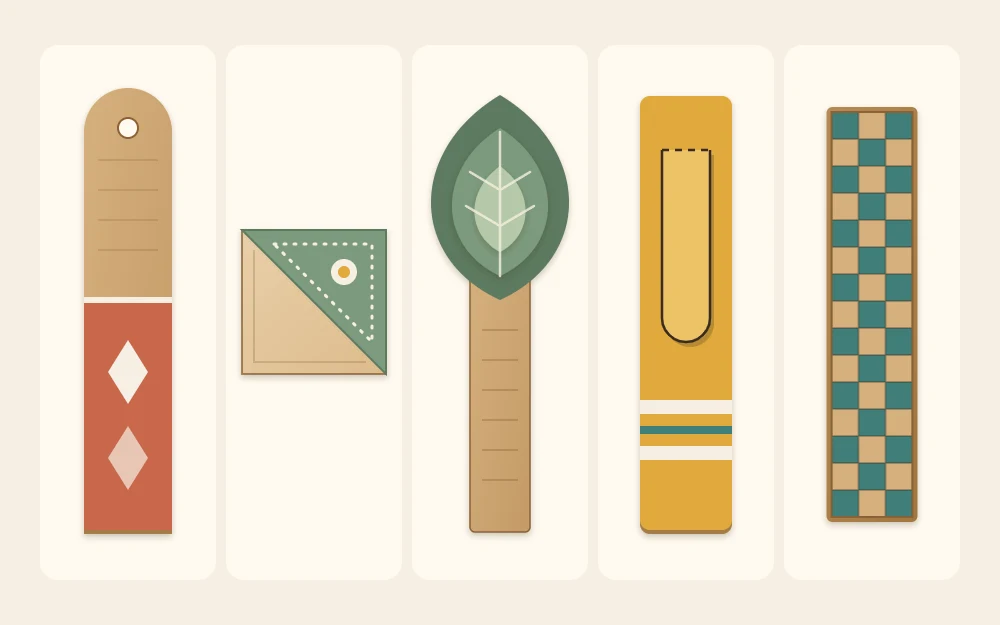 Five bookmark shapes in a row: rounded strip, triangular corner bookmark, leaf-topped strip, tongue clip strip and woven strip