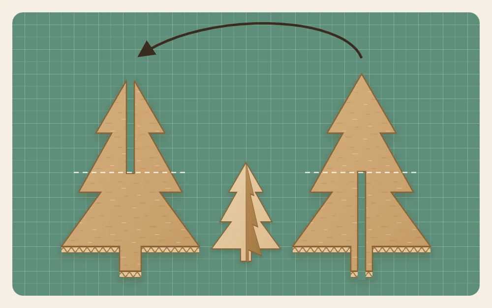 Two identical flat cardboard tree shapes, one slotted from the top and one from the bottom, with an arrow showing how they slide together