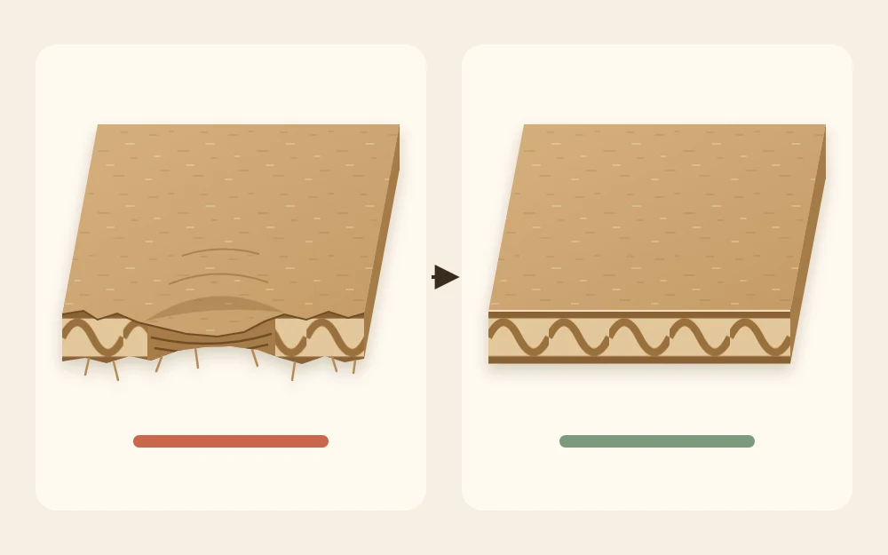 Before and after pair showing a ragged, crushed cardboard cut edge on the left and a clean straight cut edge on the right