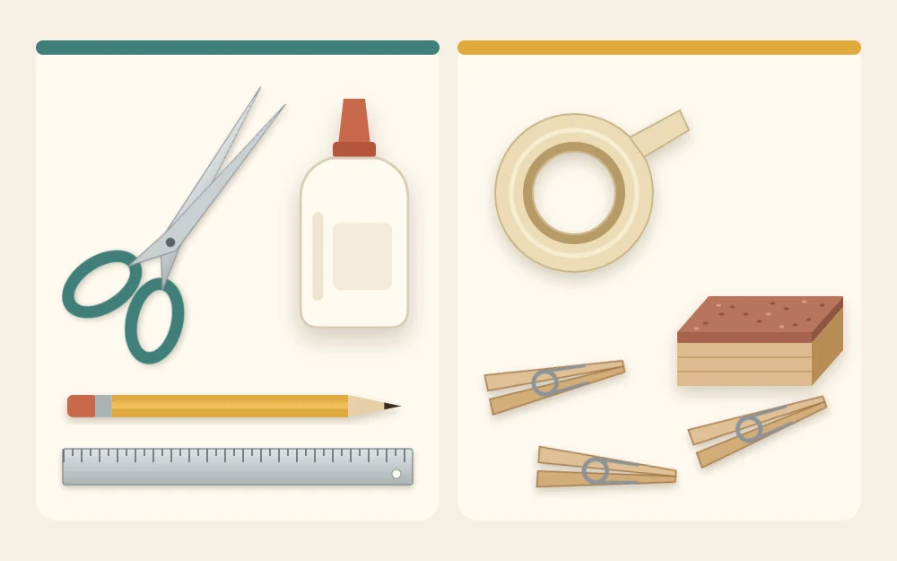 A starter kit of scissors, ruler, pencil and glue bottle on the left, with clothespins, masking tape and a sanding block on the right