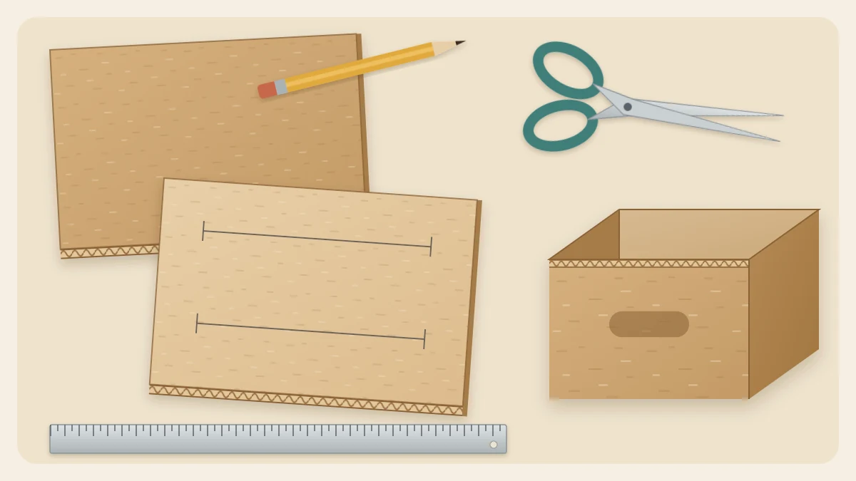 Flat lay of two corrugated cardboard sheets, a metal ruler, a pencil, scissors and a small open-top cardboard box on a cream surface