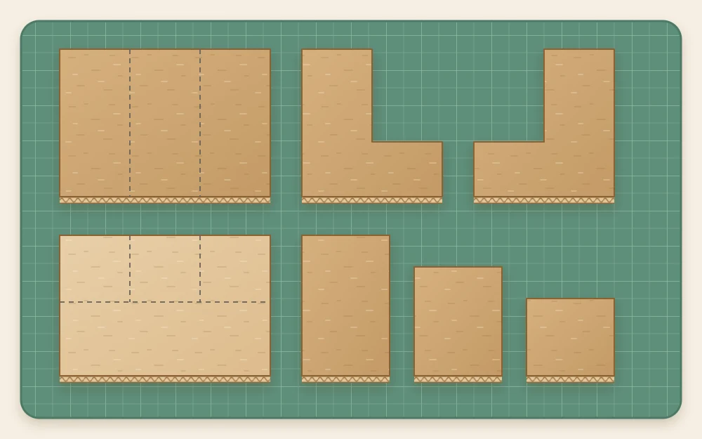 Cut organizer parts laid flat: a base, a tall back panel, two stepped side panels and three divider pieces