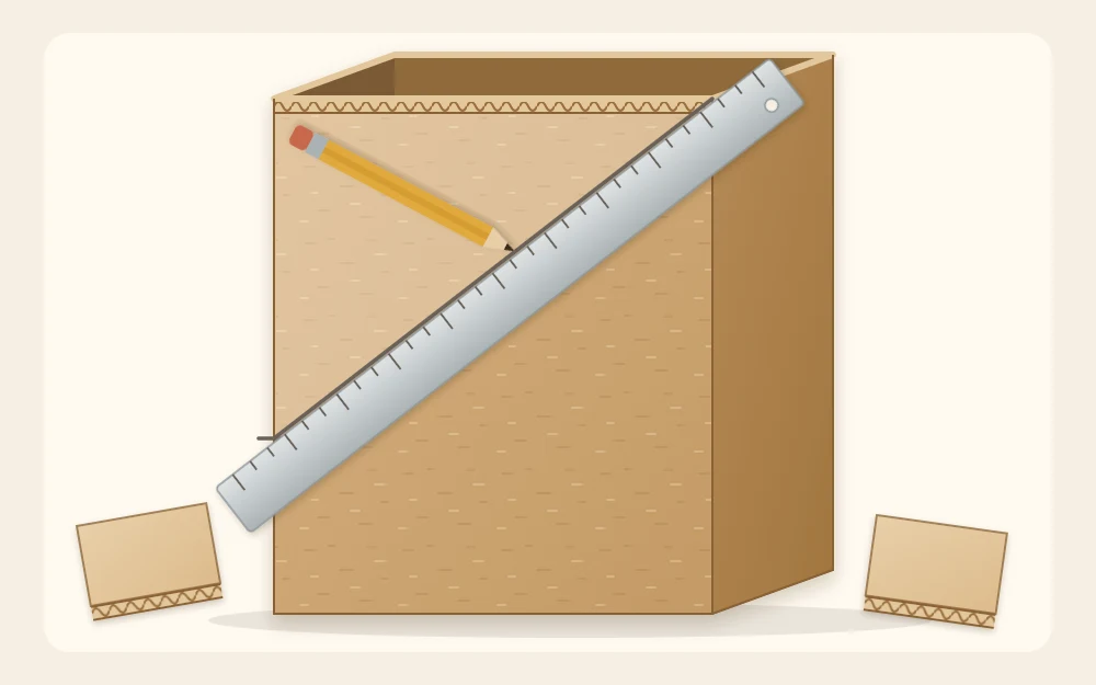 Tall narrow box with a diagonal pencil line on its side from the top back corner down to a low front, ruler along the line