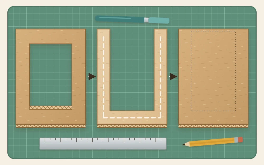 Three frame layers laid side by side: a front panel with a window opening, a U-shaped spacer and a solid back panel