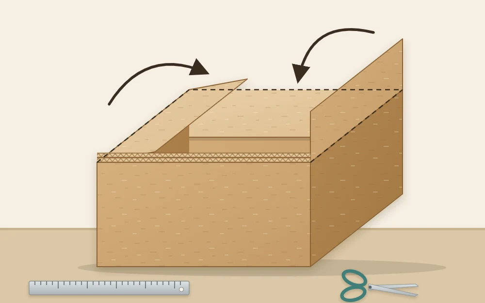 Shipping box cut down in height with its four flaps folded inward to line the walls, with arrows marking the folds
