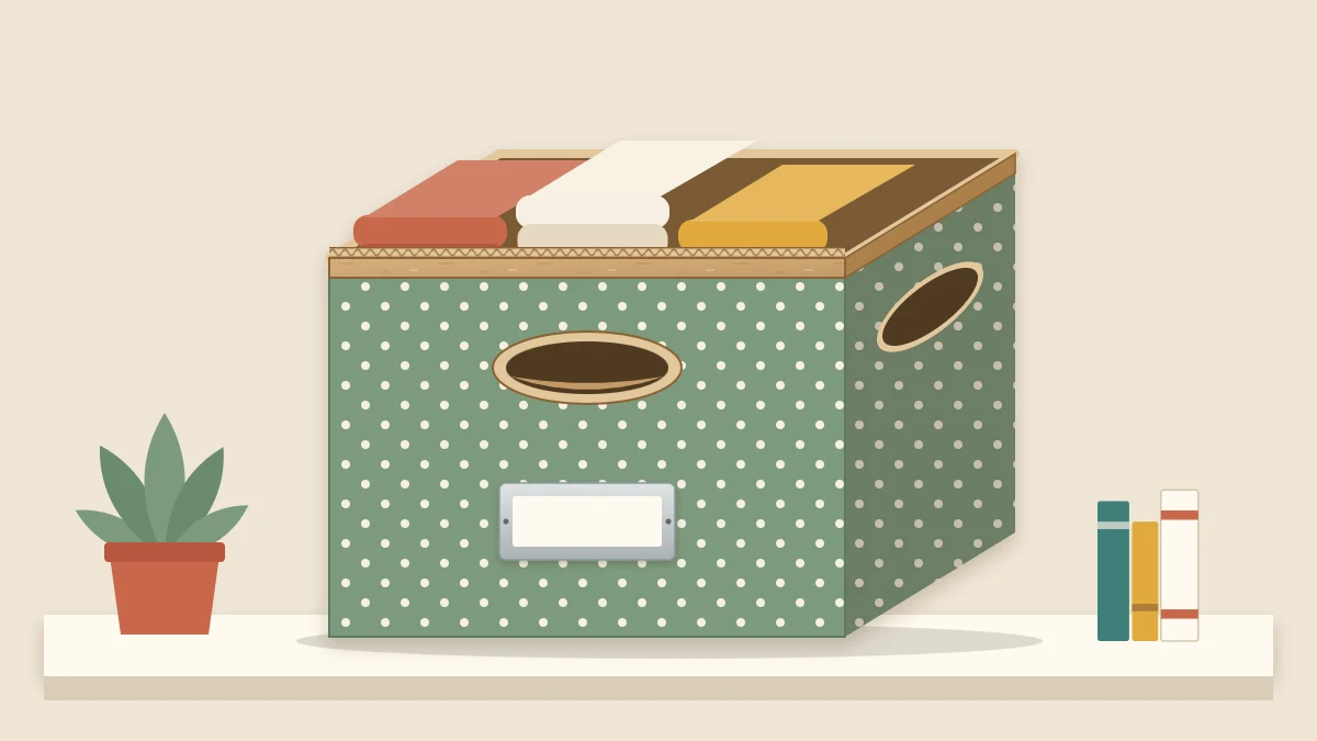 Paper-covered cardboard storage box with oval cut-out handles sitting on a shelf with folded fabric inside