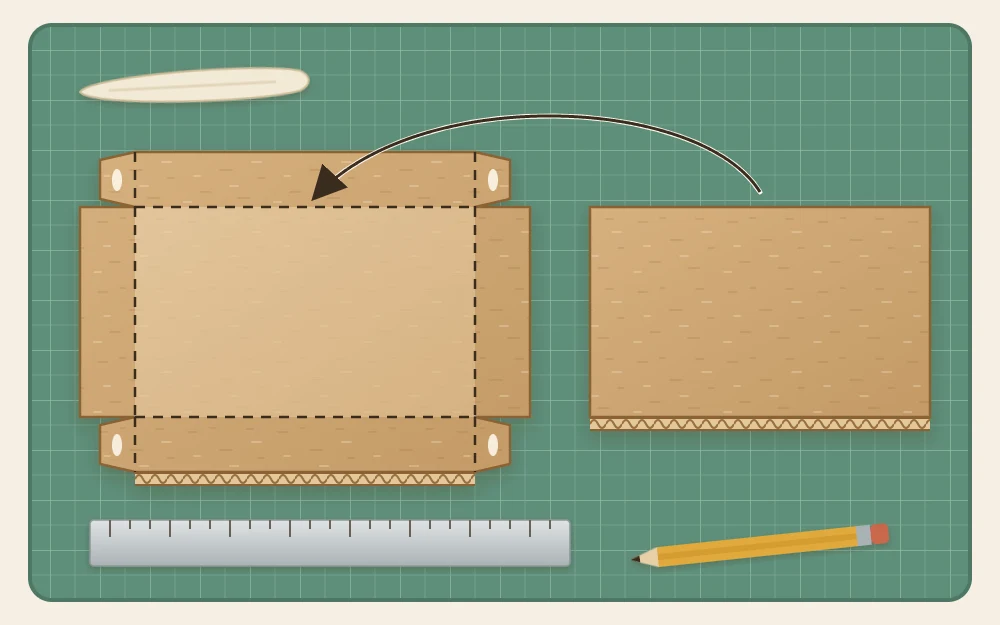 Flat tray net with a rectangular base, four low wall panels, dashed fold lines and corner tabs, beside a plain base rectangle