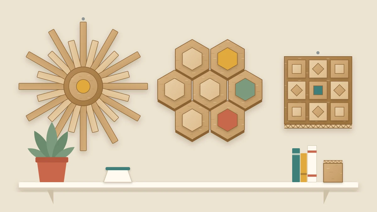 A wall above a low shelf decorated with a cardboard sunburst, a cluster of hexagon tiles and a small square relief panel