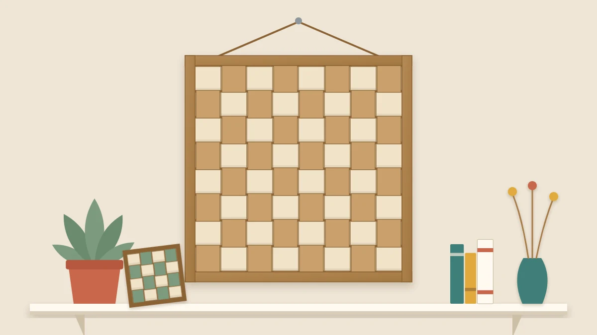 A square woven panel of interlaced cardboard strips in kraft brown and cream, hanging on a wall from a short cord