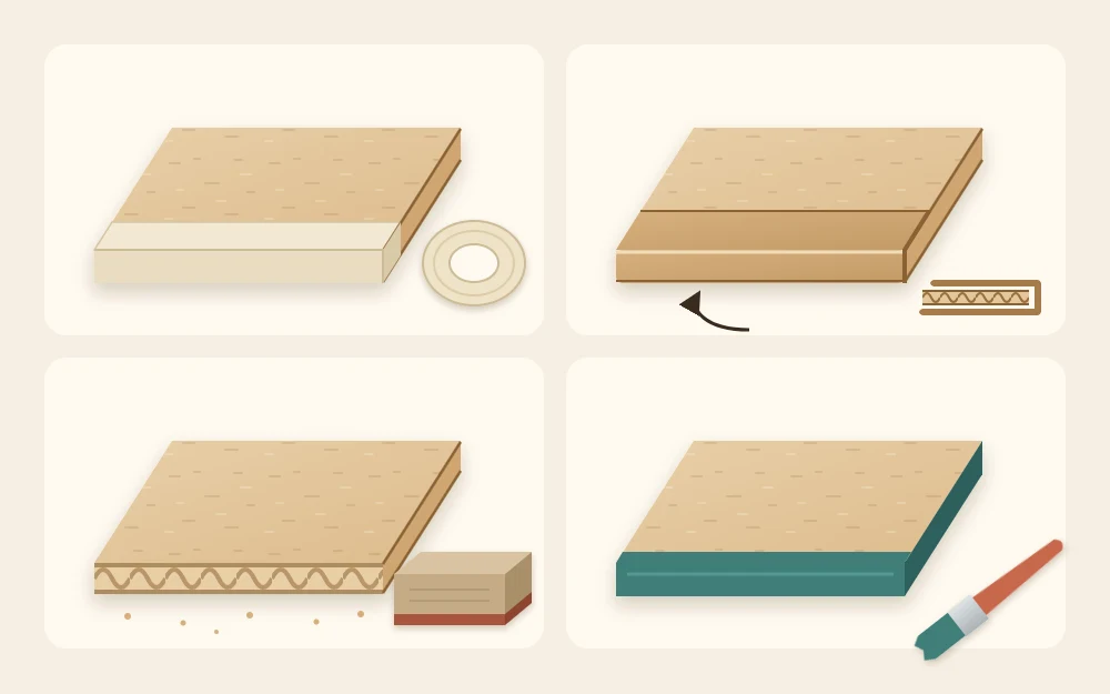 Four cardboard edge finishes as tiles: a paper-taped edge, a folded flap, a sanded edge beside a sanding block and a painted edge