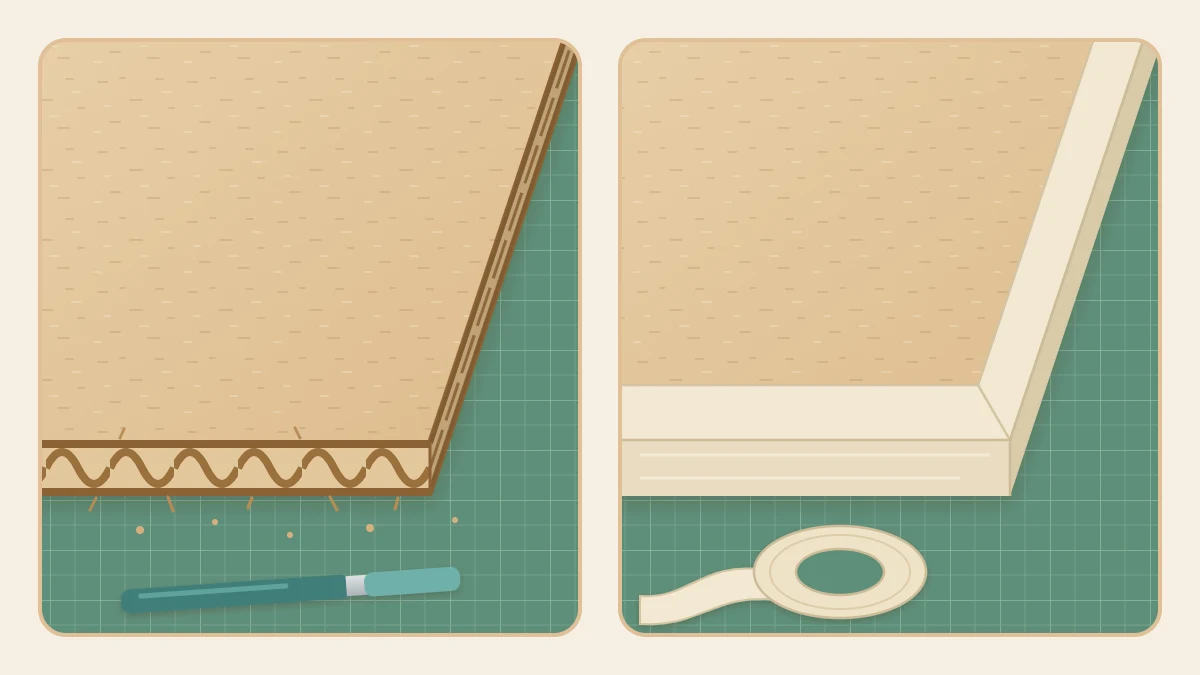 Two cardboard corners side by side, one with the raw wavy corrugated edge exposed and one bound neatly with paper tape