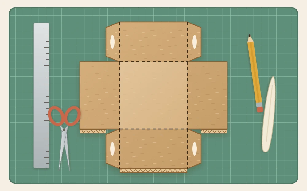 Flat cross-shaped box net with a square base, four wall panels, dashed fold lines and four small corner tabs