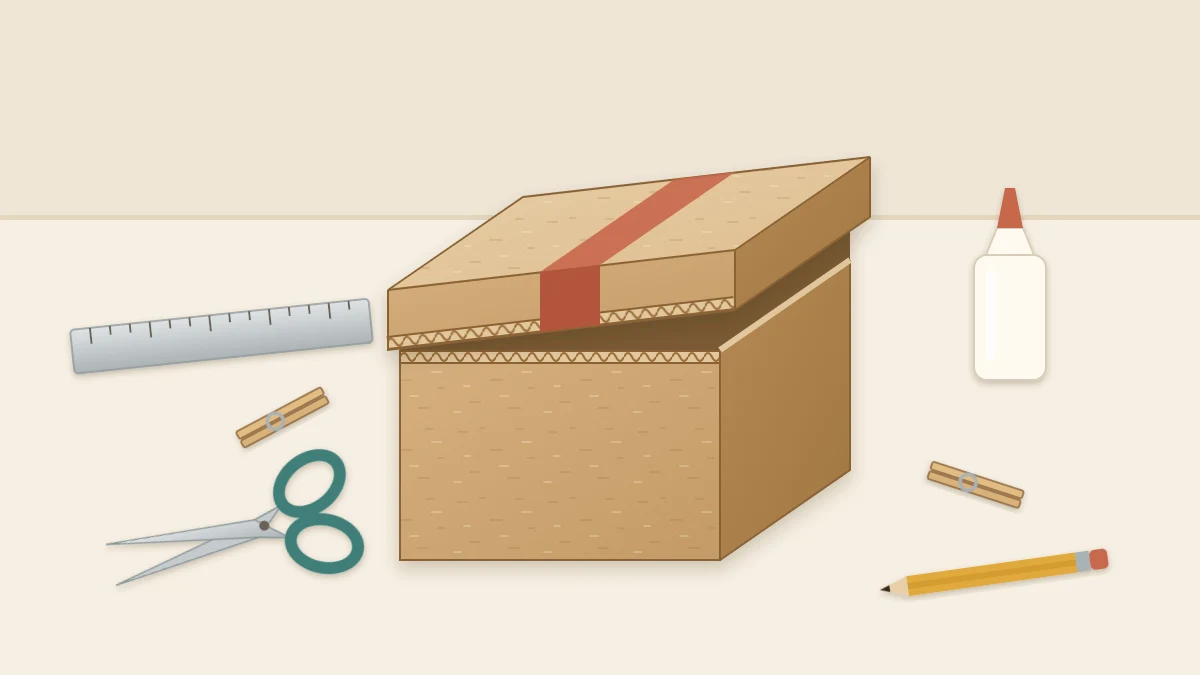 Small square cardboard box with its lid resting slightly ajar on top, on a cream work surface