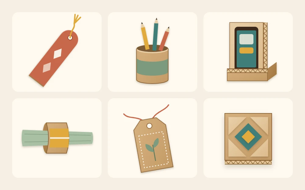 Six small cardboard projects in a grid: a bookmark, a tube pencil cup, a phone stand, a napkin ring, a gift tag and a wall tile