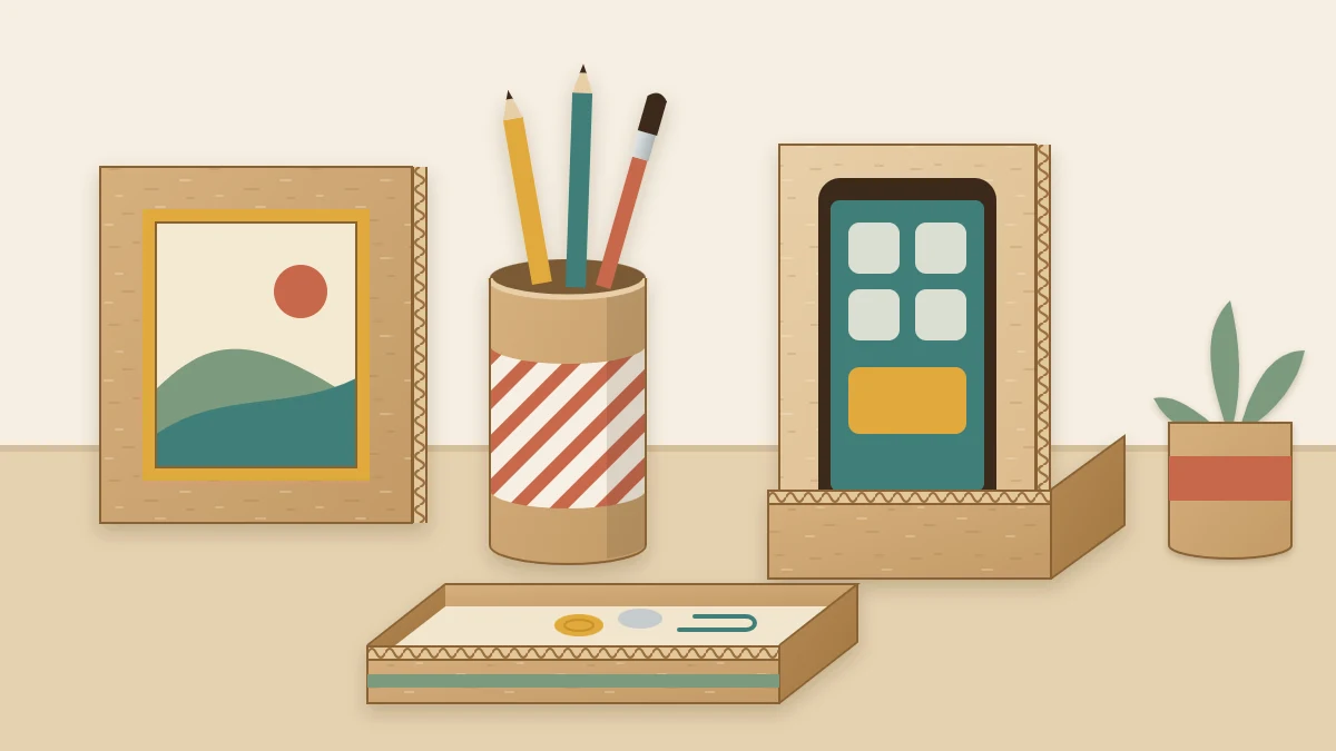 Small finished cardboard projects on a table: a tube pencil cup, a phone stand, a small tray and a picture frame