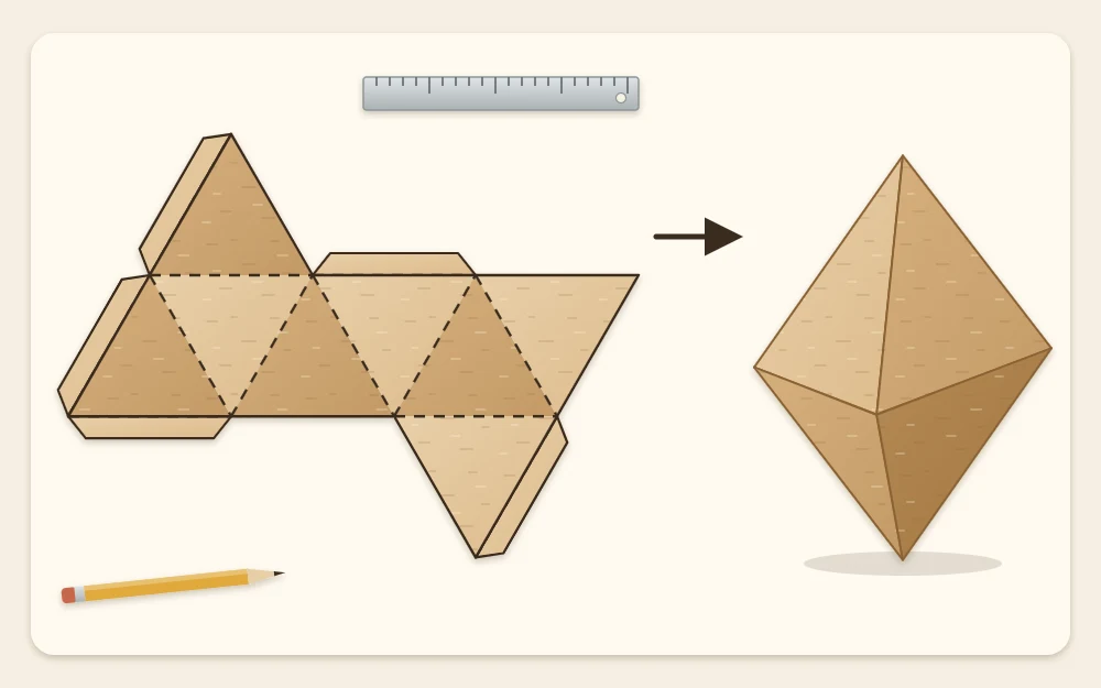 A flat net of eight equilateral triangles with glue tabs, shown next to the faceted octahedron it folds into