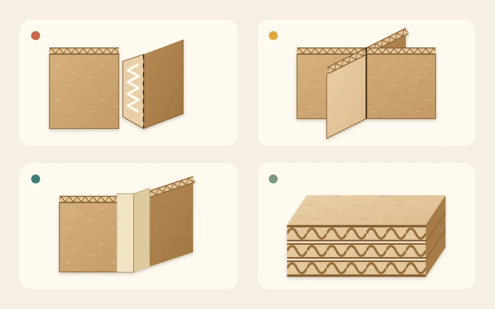 Four cardboard joint types as tiles: a folded glue tab, two slotted panels, a paper-taped corner and three laminated layers