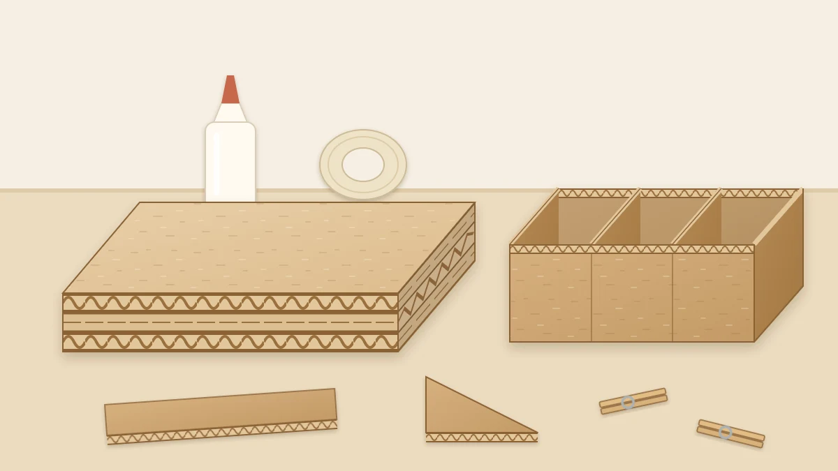 Thick laminated cardboard panel made of three glued layers beside a ribbed cardboard beam structure