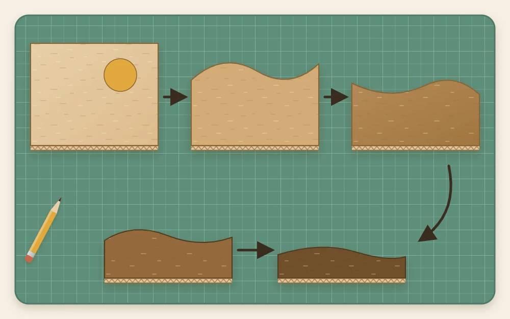 Five cut cardboard hill layers laid out separately in order, from the largest back layer to the smallest front layer