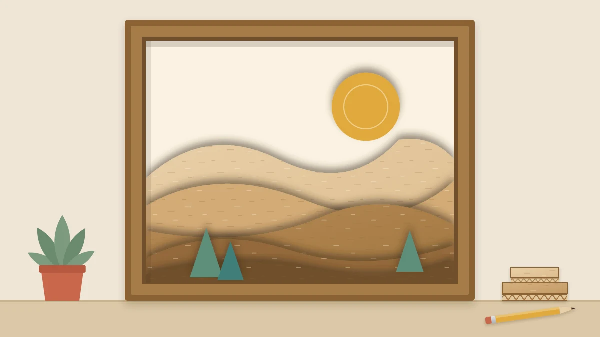 A framed relief picture built from stacked cardboard layers forming rolling hills and a round sun, with shadows between the layers