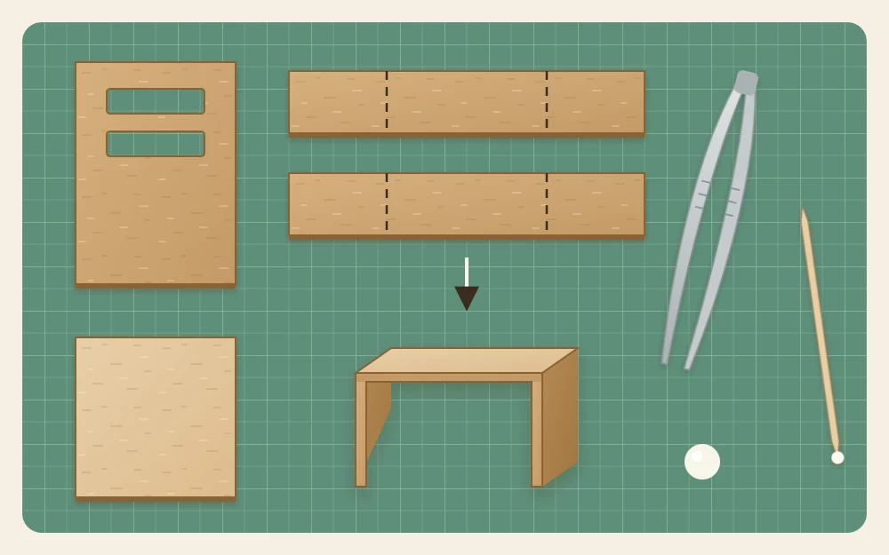 Flat parts of a miniature chair: a seat square, a back panel and two folded leg pieces, with tweezers and a toothpick