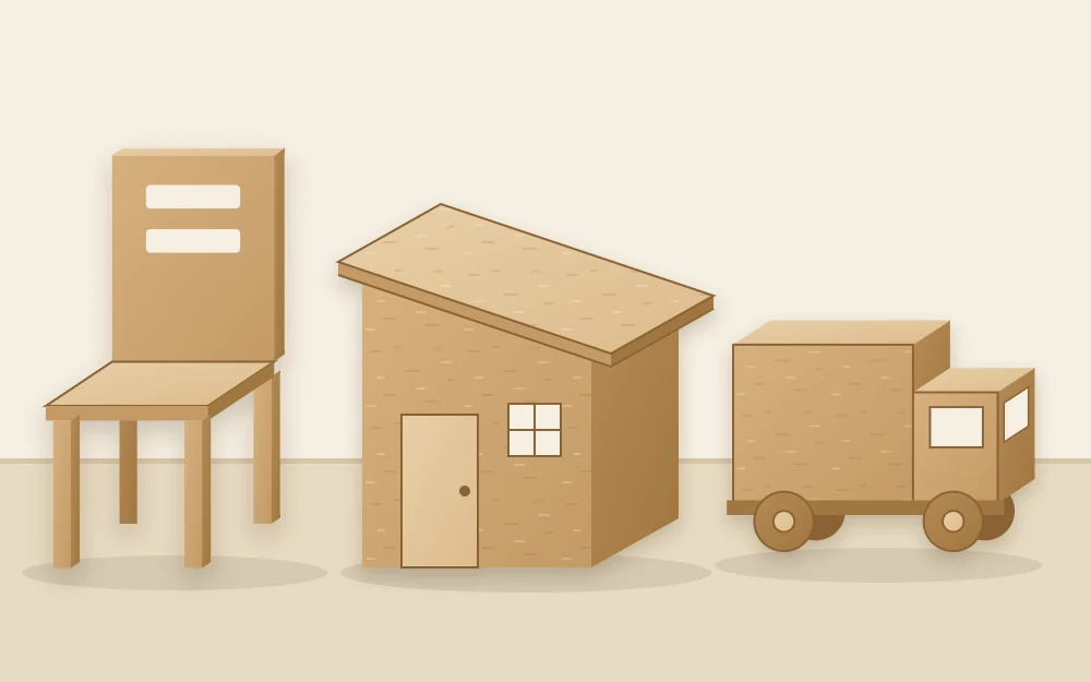 Three simple miniature models in a row: a chair, a small shed with a sloped roof and a boxy truck shape