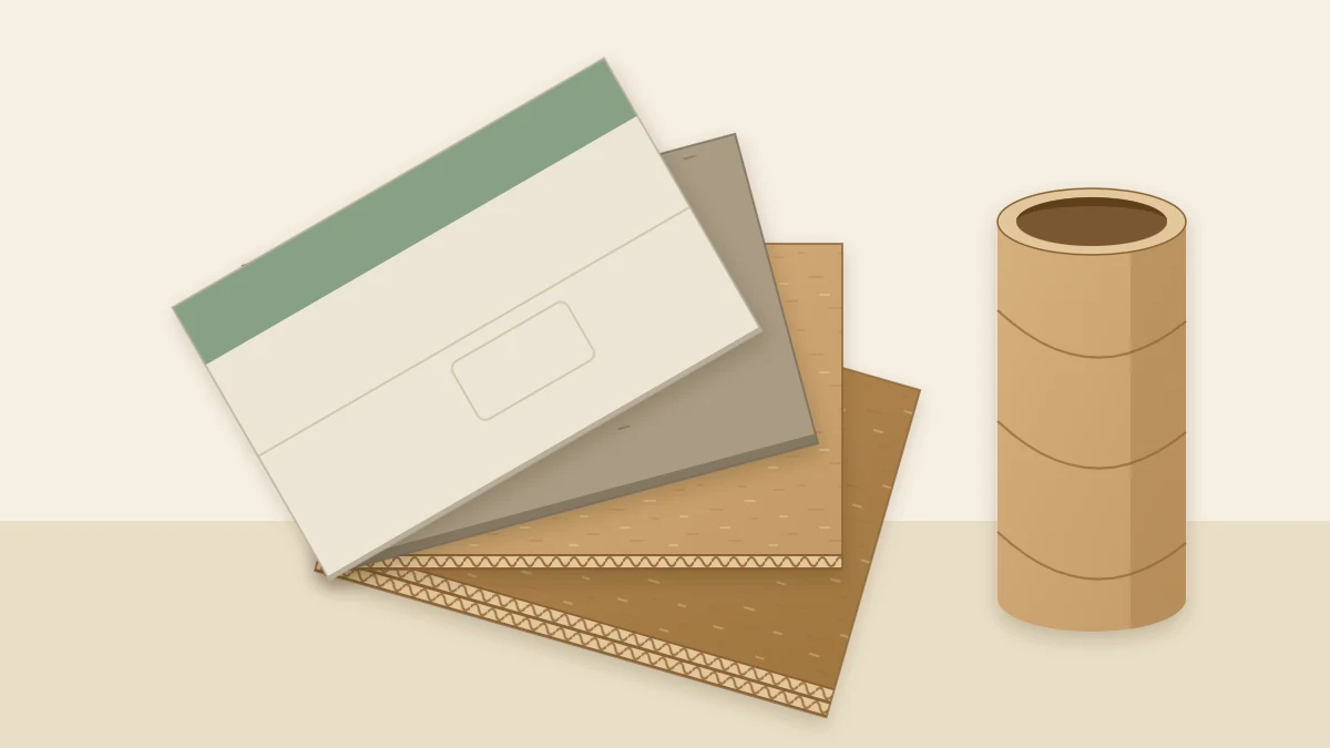 A fanned stack of double-wall corrugated, single-wall corrugated, chipboard and thin paperboard pieces with a cardboard tube beside them
